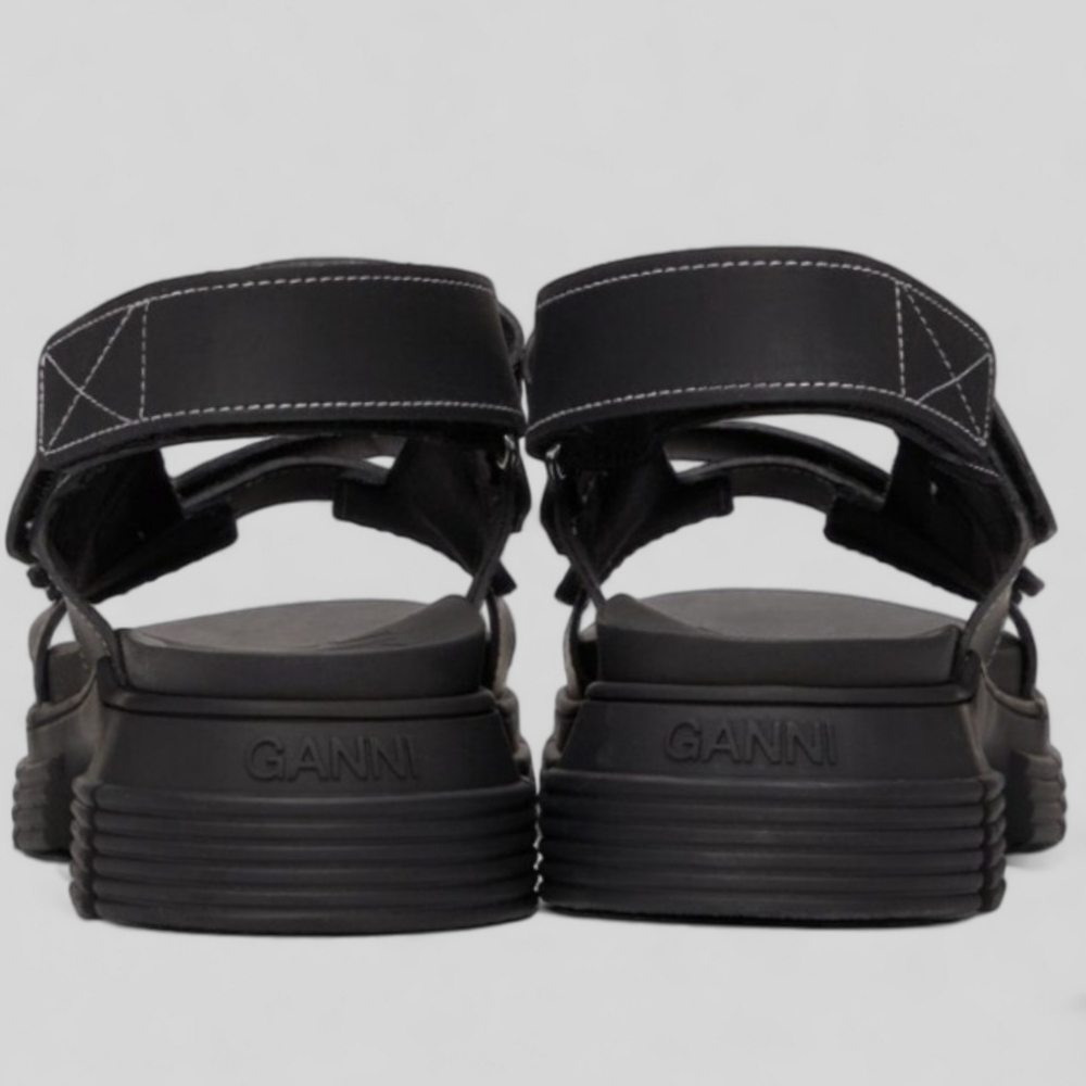 NWT GANNI Recycled Rubber Chunky Logo Platform Black Sandals Flatform Lugged - Picture 13 of 15
